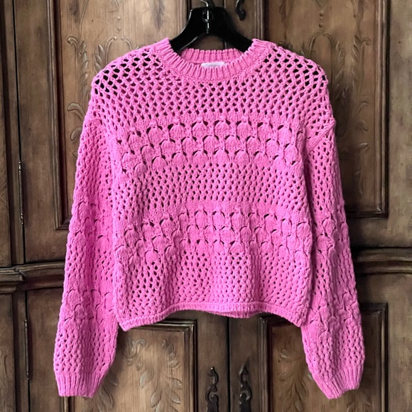 Zara Girls Bright Pink kids Open Knit cropped Crewneck Sweater 10/12 13/14 - Picture 4 of 17